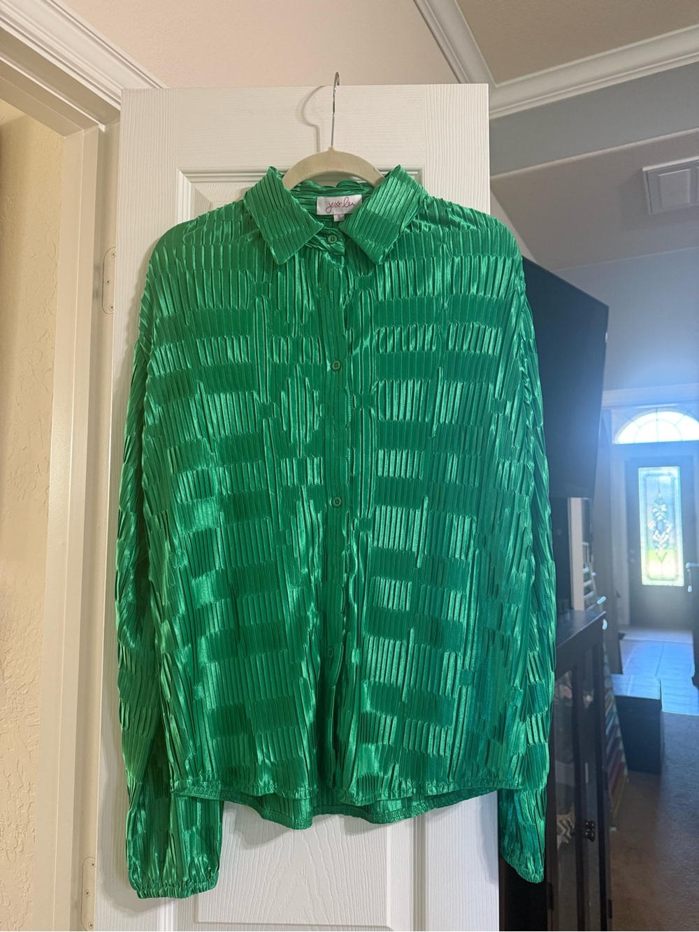 Green Pleated Button-Front Blouse